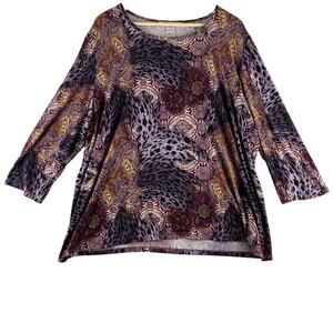Nygard Collection 3/4 Sleeve Blouse 2X Mixed Animal Medallion Tile Paisley Print
